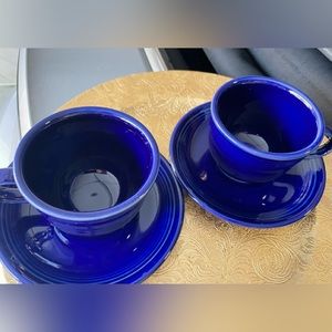 Vintage and retired Fiestaware!! 2 small navy coffee cups with saucers. NWOT.
